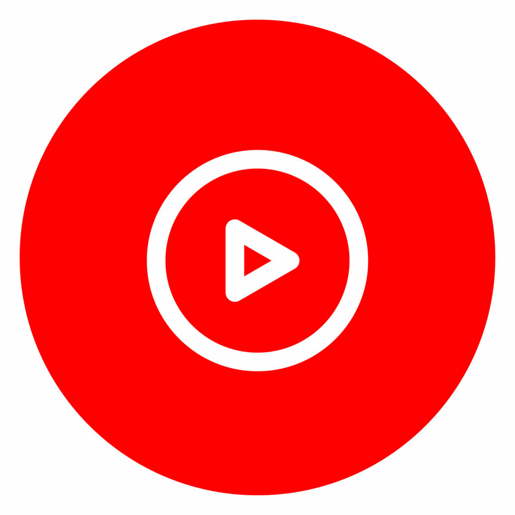 White play button on a bright red circle